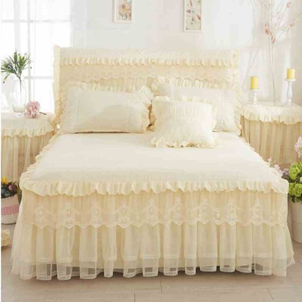 Beige Prinzessin Spitze Tagesdecke Bettrock 3-teiliges Set Rüschen Bettwäsche Bettlaken Baumwolle Kissenbezug Home Decorative Twin Queen King Size234w