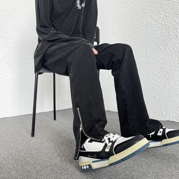 Jeans masculinos 2024 estilo primavera coreano homens moda retro rua zip design em calças pernas retas calças jeans preto