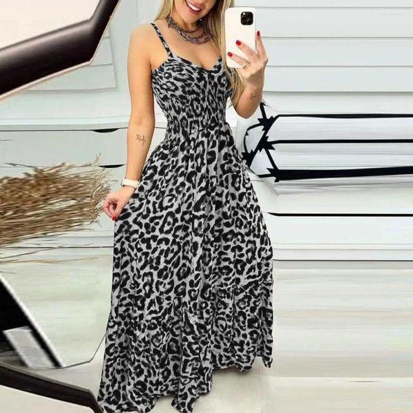 Vestidos casuais feminino 2024 primavera moda leopardo impressão shirred v-pescoço sem mangas diário cami maxi a linha vestido