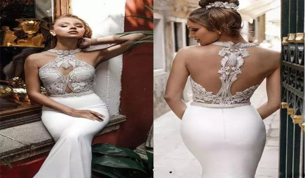 Julie vino nupcial halter pescoço embelezado corpete sereia vestido de casamento sem mangas praia cetim vestidos de noiva novia1109090