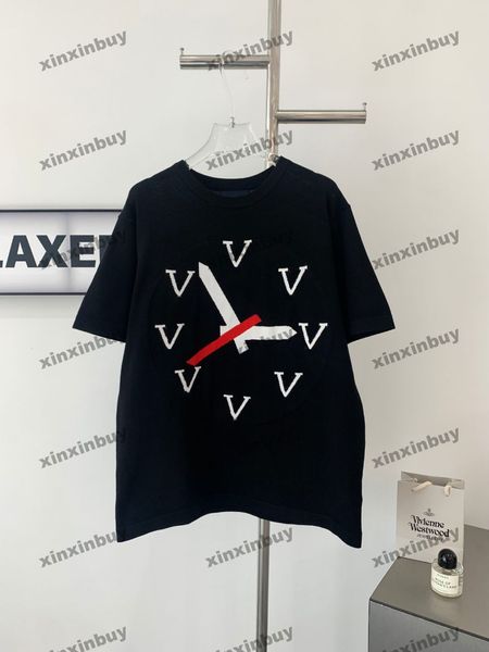 xinxinbuy erkekler tasarımcı tee tişört 2024 saat mektup jacquard kısa kollu pamuk kadınlar gri siyah beyaz yeşil s-2xl