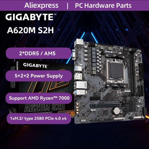 GIGABYTE A620M S2H Novo Micro ATX A620 DDR5 6400 + (OC) MHz M.2 PCIe 4.0 X16 64G Suporte AMD Ryzen Série 7000 AM5 Placa-mãe