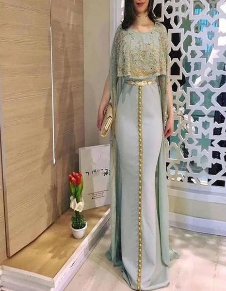 Faslı Kaftan Gece Elbiseleri Cape Denizkızı Resmi Olay Gowns Altın Aplikler Kristaller Arapça Dubai için Boncuklu Balo Aşındı1282652