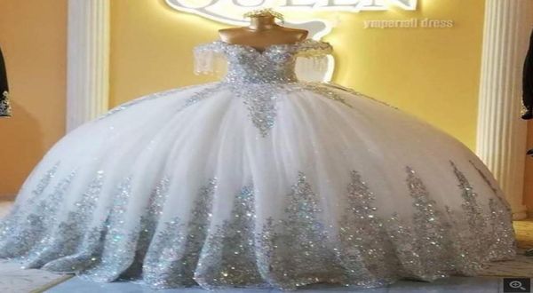 Серебряное блестящее бальное платье Свадебные платья с открытыми плечами Кружевное тюлевое платье невесты с аппликацией Длинное платье de Mariage5862054