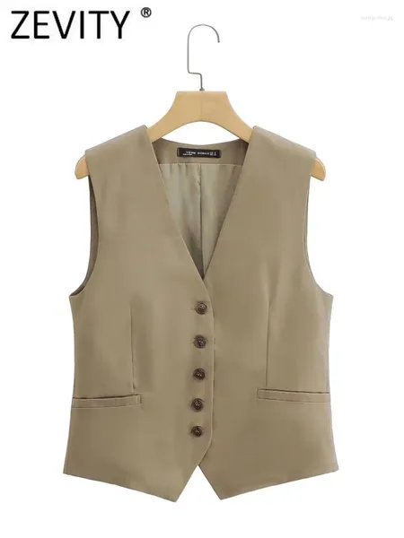 Giacche da donna Zevity Moda Donna Scollo a V Senza maniche Monopetto Gilet di lino Giacca da ufficio Donna Casual Gilet sottile Top CT1642