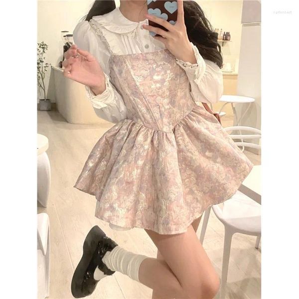 Vestidos de trabalho femininos princesa suspender vestido sem alças rosa jacquard sexy y2k mini puff primavera doce camisa branca boneca blusa topos