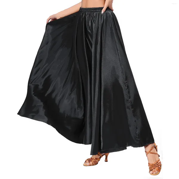 Stage Wear Womens 94cm Comprimento Saia de Cetim Ballroom Dance Practice Performance Traje Cor Sólida Hemline Ruffle Maxi