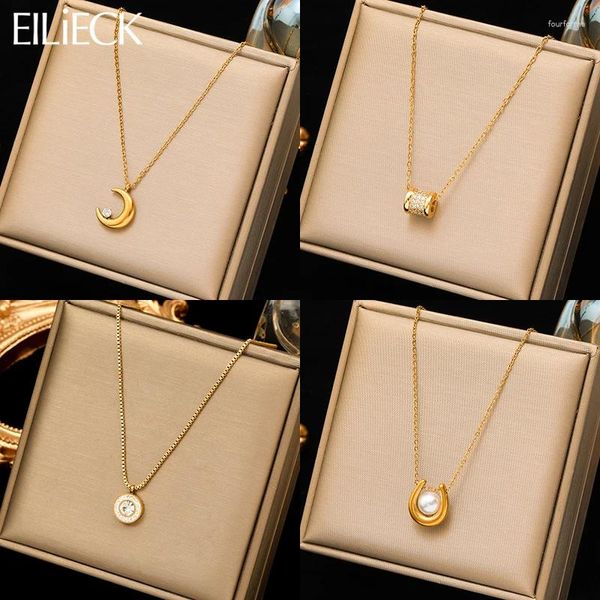 Collane con ciondolo EILIECK 316L In Acciaio Inossidabile Luna Perla Zircone Cucciolo Collana Per Le Donne Ragazza Moda Catena Al Collo Gioielli Regalo Bijoux