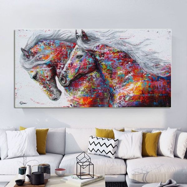 SELBSTLOS Tierkunst Zwei laufende Pferde Leinwandgemälde Wandkunst Bilder für Wohnzimmer Moderne abstrakte Kunstdrucke Posters258i