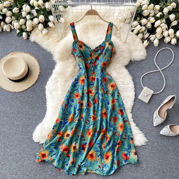 Casual Kleider 2024 Sommer Strand Urlaub Frauen Sexy Strap Kleid Hohe Qualität Süße Blumen Druck Schlank Party