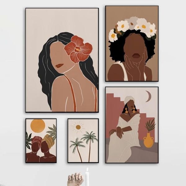 Картины в стиле бохо, абстрактная фигура, скандинавские постеры и принты, черная галерея, настенная живопись на холсте, картина на холсте, женщина, солнце, пальмовый цветок, картинки Dec329b