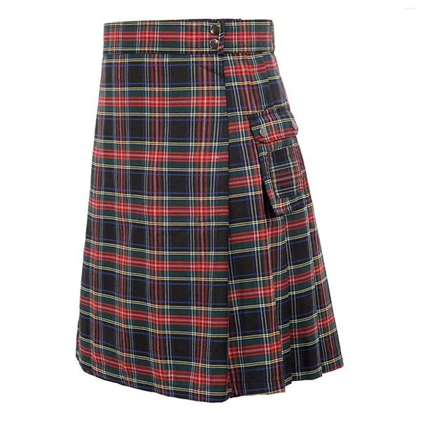 Calças masculinas saia plissada moda estilo escocês xadrez contraste cor saias com bolso fino streetwear para homem vintage ropa hombre