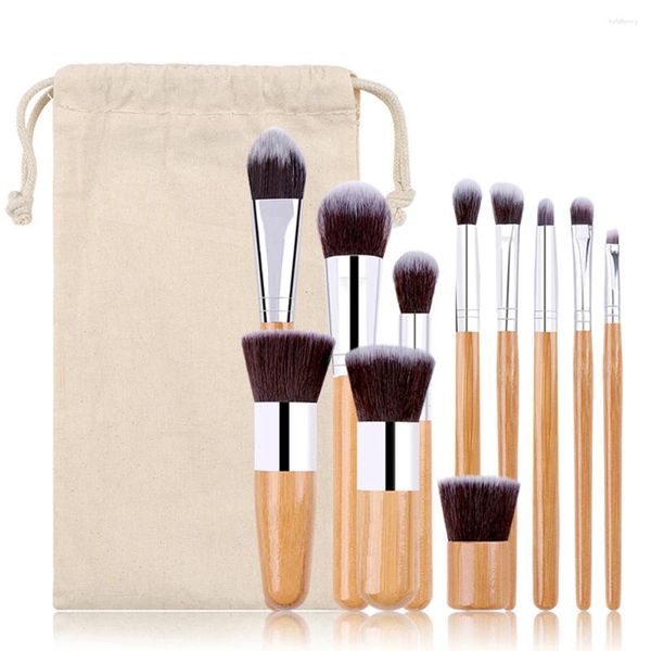 Pennelli per trucco 11 pezzi Set di pennelli multifunzionali con manico in bambù con borsa Kit di bellezza cosmetica per rossetto in polvere sciolto Rouge