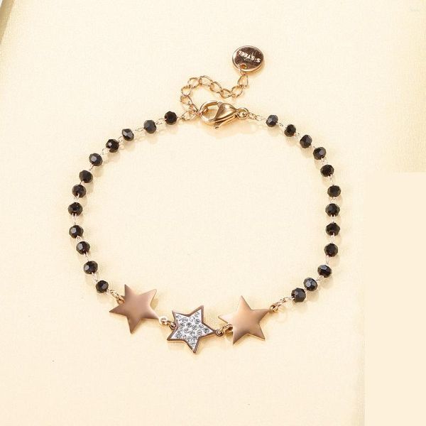 Charm-Armbänder, vergoldetes fünfzackiges Stern-Armband für Frauen, Edelstahl, schwarze Perlen, verstellbarer Kristall, trendiger weiblicher Schmuck