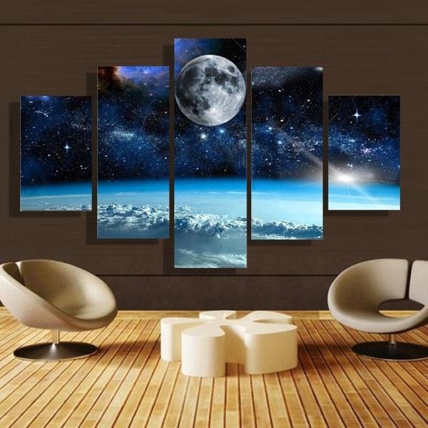 5 pezzi / set senza cornice Luna e stelle Universo Paesaggio Pittura a olio su tela Wall Art Pittura Immagine artistica per soggiorno Decorazione264H