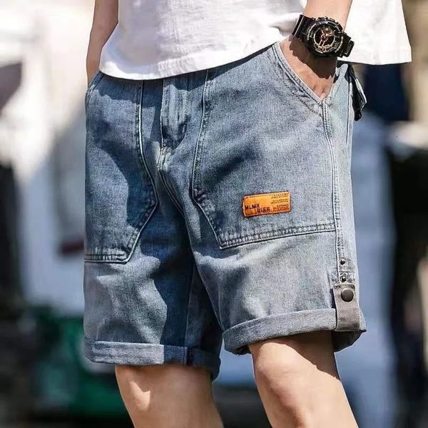Herren Sommer Slim Loose Fitting Fashion Label Denim Jogger Hose Five Point Fashion Blue Baggy Shorts Jeans 240226