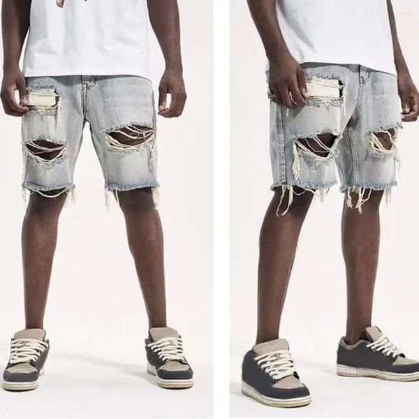 Jeans masculinos fortes shorts jeans botão zíper verão angustiado ajuste reto rasgado buracos na altura do joelho