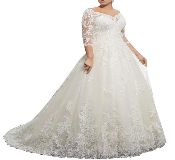 Impressionante renda plus size vestidos de casamento inverno com 34 manga longa decote em v apliques personalizado árabe formal vestido de noiva 6538059