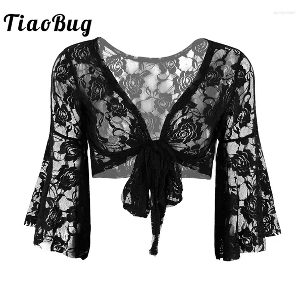 TiaoBug Donna Manica Lunga Svasata Farfalla in Pizzo Ballerina Coprispalle Top Balletto Costume da Ballo Lirico Cover Up Cardigan Avvolgere Dancewear