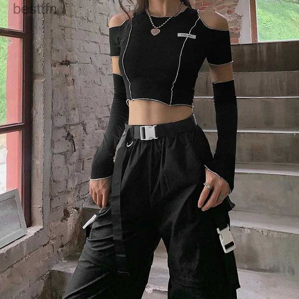 T-shirt das mulheres Patchwork Preto Camisetas Gótico Um Ombro Sle Y2K Crop Tops Ruffles Hem Hip Hop Techwear Mulheres Tees 240311