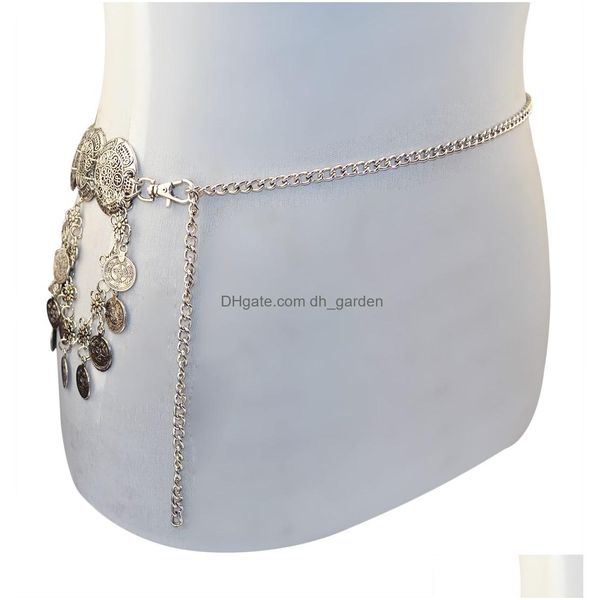 Bauchketten Vintage-Stil Türkische Gypsy Silber vergoldete Legierung Schnitzerei Blume Münze Körperkette Taille Frauen Schmuck Drop Lieferung Dhgarden Dhdlu