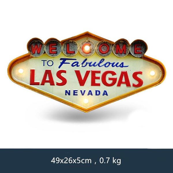 Las Vegas Benvenuto Insegna al neon per Bar Vintage Home Decor Pittura Illuminato Appeso Insegne in metallo Ferro Pub Cafe Decorazione della parete T200276a