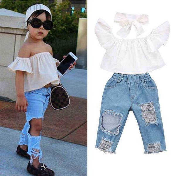 Kleidungssets Mädchen Kleidung Anzüge Schulter Pullover Kurzarm Tops Jeans Hosen Schleife Stirnband 3pc Kinder Outfits Kinder Sets ldd240311