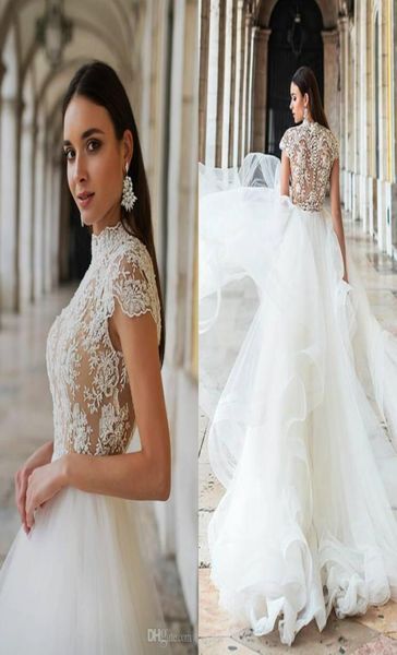 2020 Abiti da sposa Boho Collo alto Maniche ad aletta Pizzo Tulle Abiti da sposa Con gonna a volant Abito da sposa principessa spiaggia Custom8239951