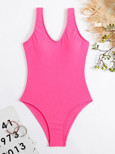 Mulheres Swimwear 2024 Nervuras Sólidas Maiô Mulheres Uma Peça Sexy Feminino Banhistas Banheira Natação Swim Terno Beachwear