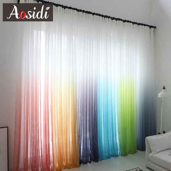 Cortinas modernas de cor gradiente, cortinas de tule para sala de estar, quarto, organza, voile, decoração de hotel, azul transparente