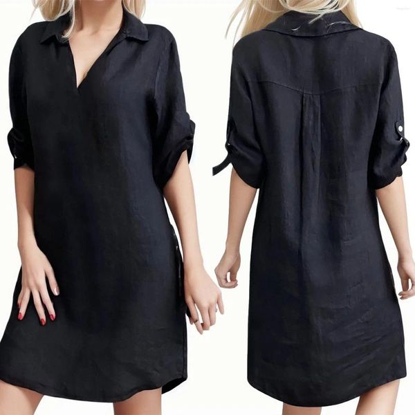 Abiti casual Tinta unita Cotone Lino Risvolto Manica corta Camicia ampia Abito da donna Taglie forti Scollo a V Primavera ed estate