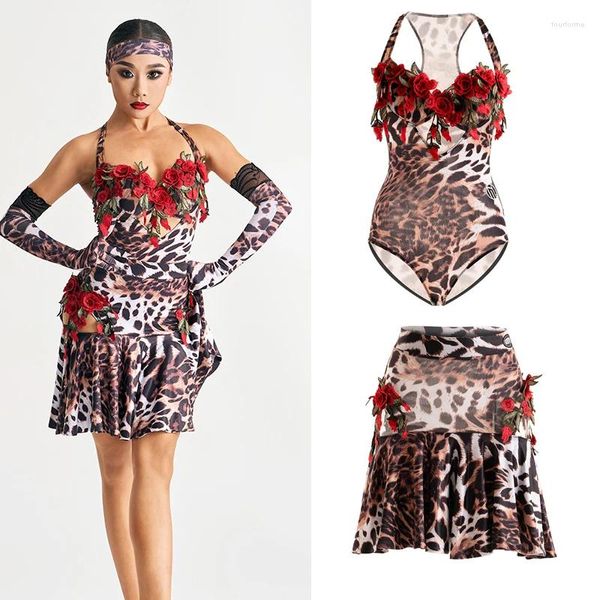 Bühnenkleidung 2024 Leopardendruck Rose Sexy Bodysuit Split Rock Anzug Chacha Rumba Tango Kleid Latin Performance Kostüme für Frauen DN17395