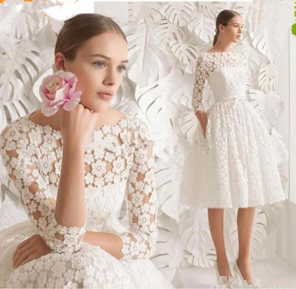 2019 Abiti da sposa corti in pizzo con scollo a barchetta Manica lunga Semplice A line Abiti da sposa Elegante abito da sposa formale in pizzo floreale 3D6432790