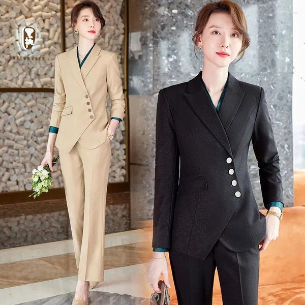 Calças femininas de duas peças manga longa moda elegante preto boutique roupas conjunto de duas peças uniformes de trabalho senhora do escritório terno formal wear