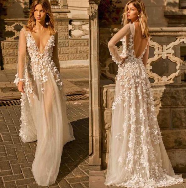 2020 Autunno Berta Abito da sposa Sheer Manica lunga Scollo a V Abiti da sposa Sexy Illusion 3D Applique Backless Boho Abito da sposa3477268