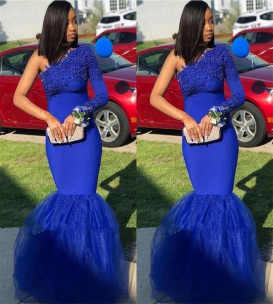 Sexy Royal Blue Sul Africano Prom Vestidos de dama de honra 2020 Sereia Um ombro com mangas compridas Lace Cheap Evening Formal Pagean9935410