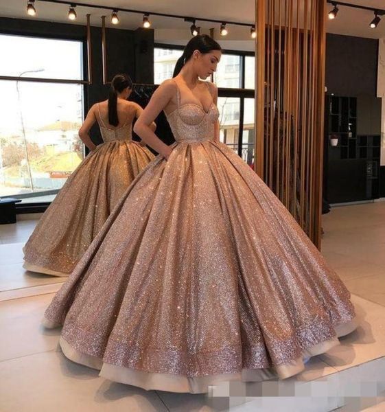 Glitzernde Quinceanera-Kleider mit Pailletten in Roségold, Spaghettiträger, bodenlang, Ballkleid, Abschlussball, Geburtstagsfeier, süßes 15-16-Kleid nach Maß 2371739