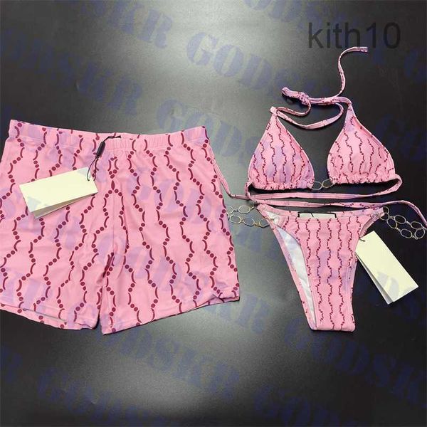 Costume da bagno Pink Lovers Stampa di lettere Pantaloncini da uomo Bikini con catena dorata per le donne Vacanze all'aria aperta Must Costumi da bagno per coppie XECR