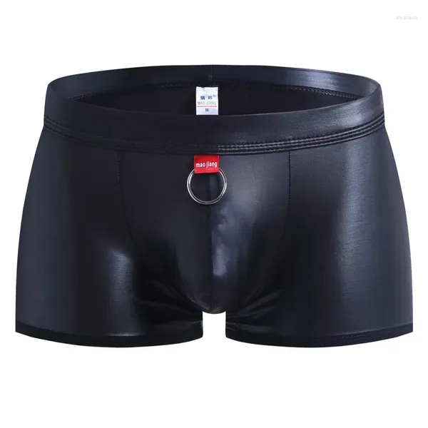 Mutande Uomo Boxer Pantaloncini Nero PU Pelle Sexy Custodia per pene Intimo Cueca Masculina Stretch Gay Mutandine a vita bassa Calzoncillo Hombre