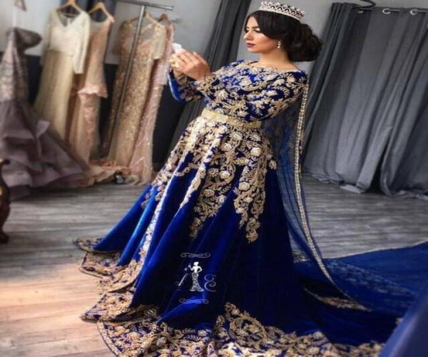 Elegante königsblaue Abendkleider mit Cape, langen Ärmeln, appliziert, marokkanisches Kaftan-Abschlussballkleid 2021, Robe de Soiree, Partykleider 5511357