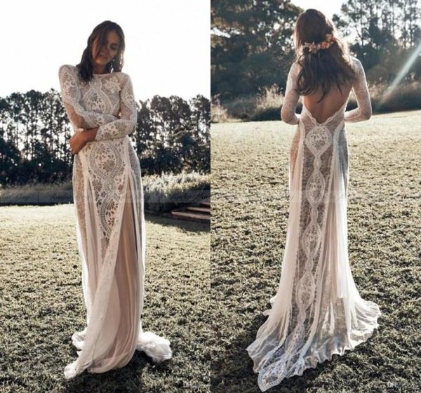 Abiti da sposa vintage in pizzo Boho Beach Maniche lunghe Applique Backless Stile country Abito da sposa bohémien Abiti da sposa Hippie Gyp4843667