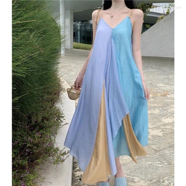 Abiti casual Vintage Spaghetti Strap Boho Scollo a V Irregolare French Chic Sweet Dress A Line Donna Beach Blue Vestidos Drop