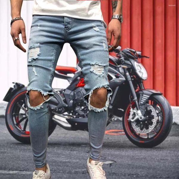 Jeans masculinos homens streetwear joelho rasgado magro hip hop moda estroyed lápis calças cor sólida masculino estiramento casual denim calças grandes