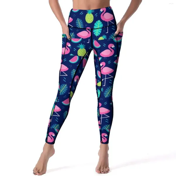 Leggings femininas verão flamingo sexy bonito folhas impressão push up calças de yoga respirável estiramento leggins feminino impresso ginásio esportes collants