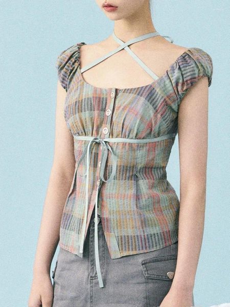 Damenblusen Y2K Vintage Plaid Top Niedliche Retro-Ästhetik Bustier Korsett Tops Sommer Kurze ärmellose Krawattenhemden