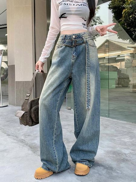 Jeans da donna Benuynffy Y2k Streetwear con cintura gamba larga Donna American Vintage Do Old pantaloni in denim a gamba dritta lavati larghi a vita alta