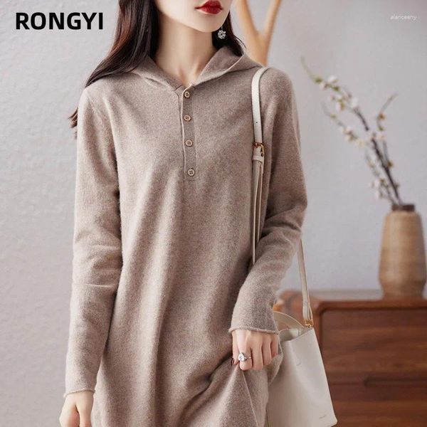 Casual Kleider RONGYI Reines Kaschmir Kleid Frauen Stricken Kapuzenpullover Winter Lose Wolle Dicke Große Größe Hohe Taille Tasche Hüfte Lange rock