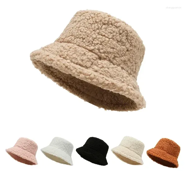 Berretti Bordo liscio Peluche Cappello in pelo di agnello Tinta unita Donna Moda Berretto da ragazzo in lana d'agnello Donna Casual Mantieni caldo Pescatore