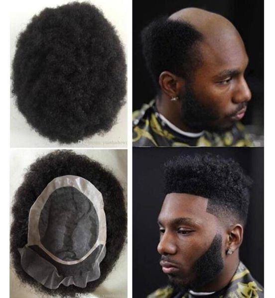 Männer Haar System Afro Curl Toupet Spitze Front mit Mono NPU Toupet Tiefschwarz Peruanisches Reines Remy Echthaar Ersatz für Schwarz M1553223