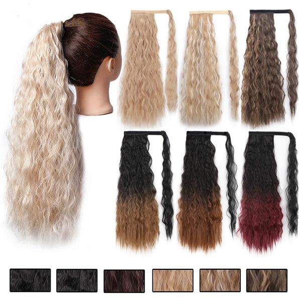 Longo encaracolado ondulado rabo de cavalo sintético envoltório no clipe extensões de cabelo ombre marrom pônei cauda loira cabelo fack 22 polegadas 7332063